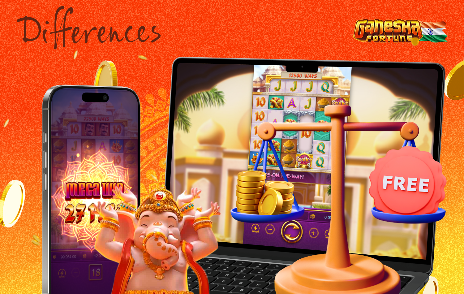 The demo version of the Ganesha Fortune slot can be played for free and without risk, whereas the real money version carries the risk of losing